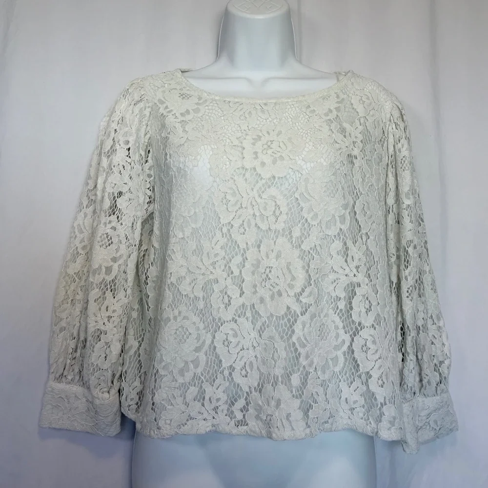 Zara Lace Blouse Floral Sheer Puff Sleeve White US M